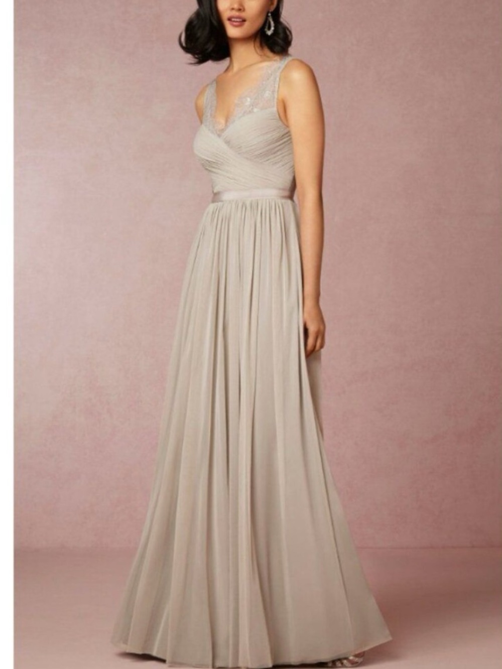BHLDN Dusty Taupe Chiffon Lace-Trim Maxi Dress